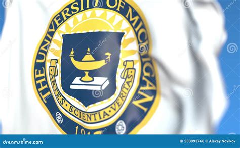 Waving Flag with University of Michigan Emblem, Close-up. Editorial 3D ...