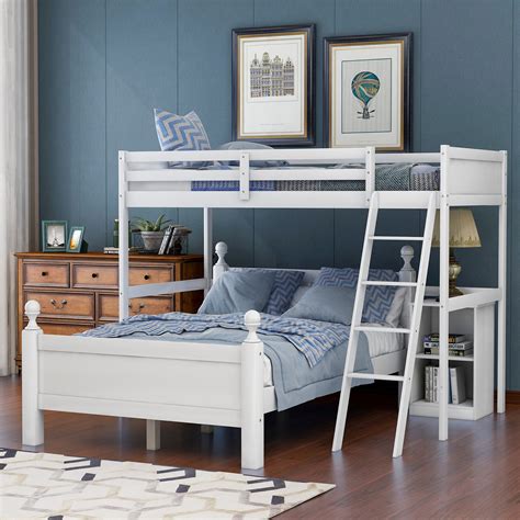 Twin Over Full Loft Bed for Kids Teens Adults, L Shaped Bunk Bed with Cabinet Guardrail and ...