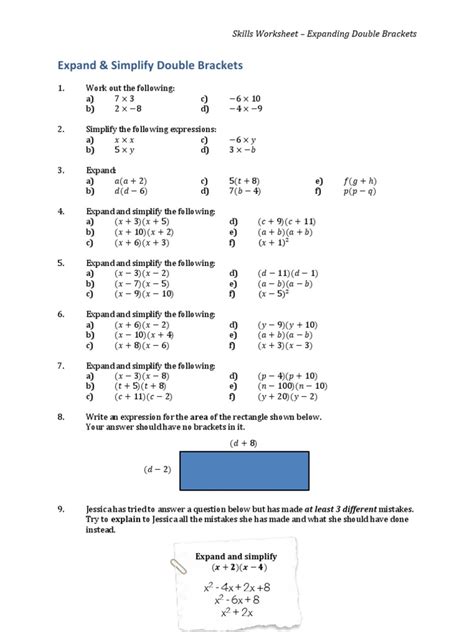 Expand and Simplify Double Brackets Worksheet