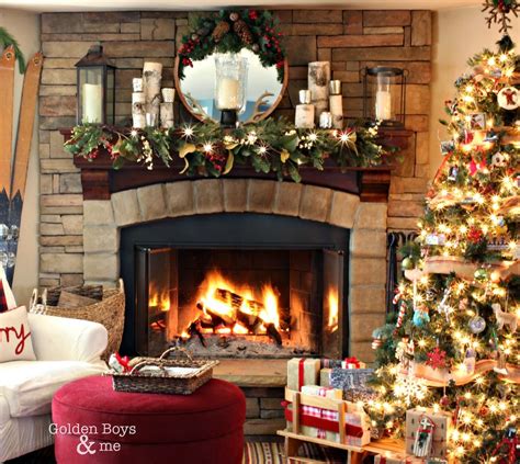 Corner stone fireplace in rustic lodge style Christmas family room-www.goldenboysandme.com ...