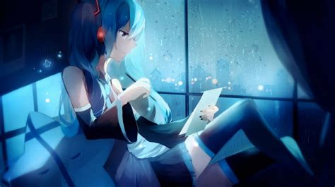 Anime Hatsune Miku Long Hair Headphone Rain Free Anime - Anime Girl Crying Rain - 1490x836 ...