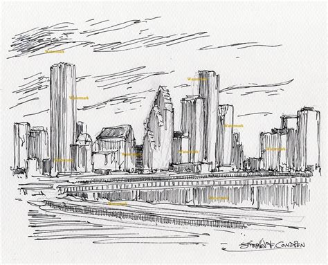 Houston skyline pen & ink drawing of downtown with skyscrapers.