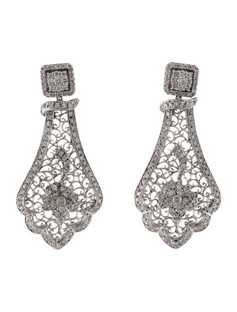 Earrings 14K Diamond Floral Drop Earrings - Rhodium-Plated 14K White Gold Drop, Earrings ...