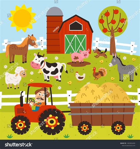 Farmer Rides Tractor Farm Animals Stand Stock Vector (Royalty Free ...