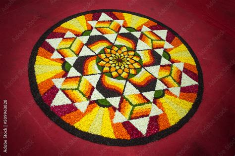 Closeup of an Onam pookalam or Athappokkalam,( floral carpet)typical ...