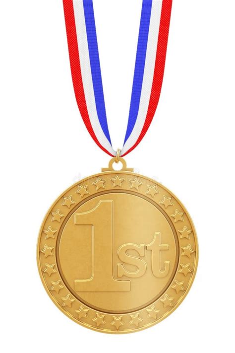 Golden First Place Winners Medal with Ribbon. 3d Rendering Stock ...