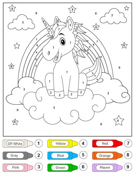 Unicorn on Clouds and Rainbow Color by Number - Coloring Pages