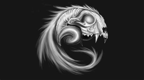 #531869 1920x1080 minimalism gray background skull digital art animals horns tail teeth ...