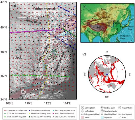 (a) Map of seismic stations, topography and tectonic setting around the ...