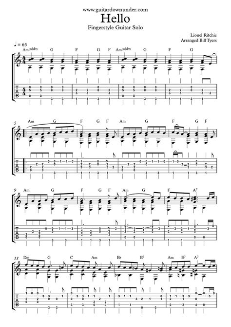 Hello" by Lionel Ritchie, sheet music & tab for fingerstyle guitar solo.