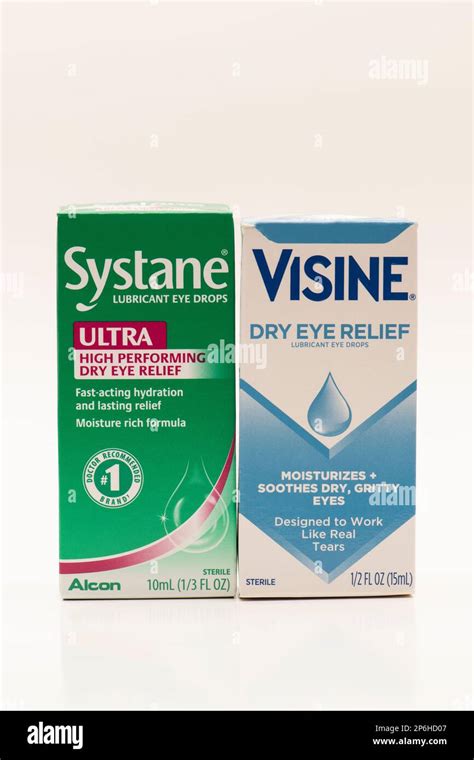 A bottle of Visine and Systane eye drops on white background Stock ...