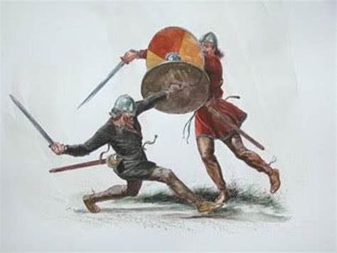 Viking and Anglo-Saxon combat techniques: The warrior on the left, successfully blocks the ...