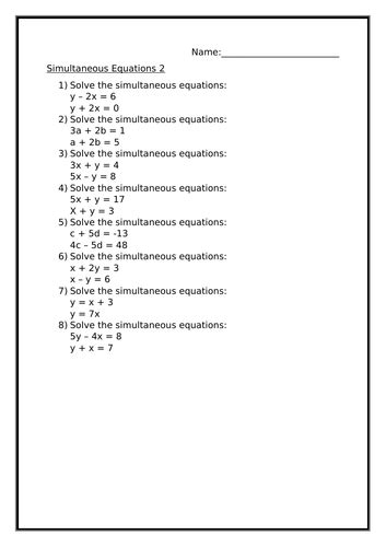 SIMULTANEOUS EQUATIONS WORKSHEET | Teaching Resources