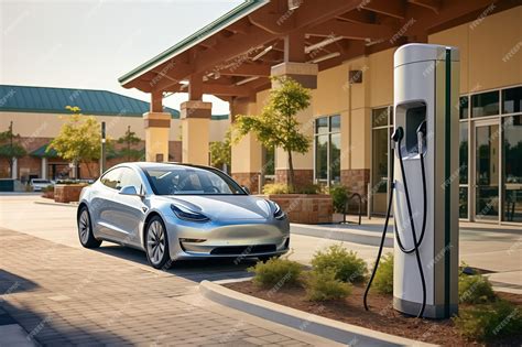 Premium AI Image | Sleek Electric Sedan at a Modern Charging Station