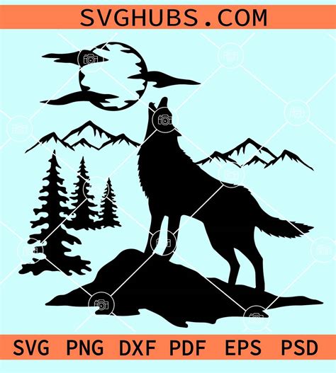 Wolf howling in the wild svg, Howling wolf svg, Mountains svg, Forest svg, Wolf silhouette svg