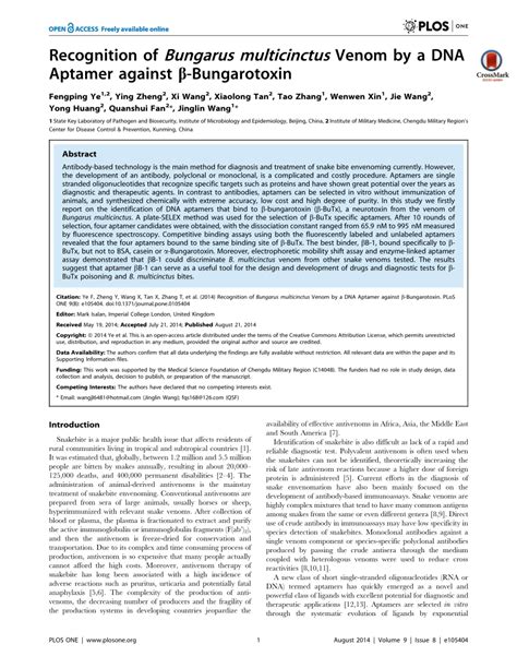 (PDF) Recognition of Bungarus multicinctus Venom by a DNA Aptamer against β-Bungarotoxin