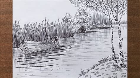 How To Draw Natural Riverside Scenery With Pen 🖊 - YouTube