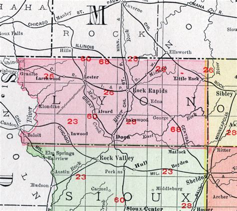 Lyon County, Iowa, 1911, Map, Rock Rapids, Doon, Inwood, George