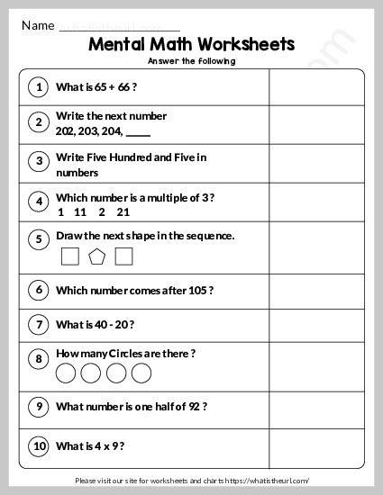 Mental Math Worksheet for Grade 1 – Exercise 11 - Your Home Teacher