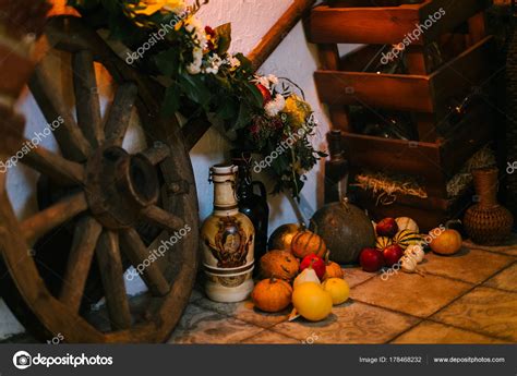 Still Life Composition Vegetables Fruits Flowers Wheel Bottles — Stock Photo © tytbil88 #178468232