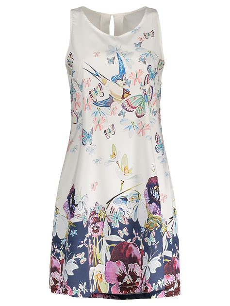 [7% OFF] Butterfly Floral Print Sleeveless Shift Dress | Rosegal