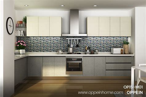 Modern Melamine Kitchen Cabinet in White &amp; Grey Color OP15-M01 | Modern kitchen design grey ...