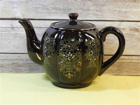 Vintage Oriental Tea Pot,Brown Floral Dot Hand Painted Pottery Tea Pot,Aladdin Style Gold Accent ...