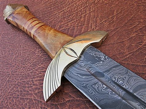 Handmade Damascus Defender Sword engraved Brass Bolster Olive Wood Handle