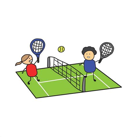 Illustration vector graphic Kids drawing style funny boy and girl playing tennis on a tennis ...