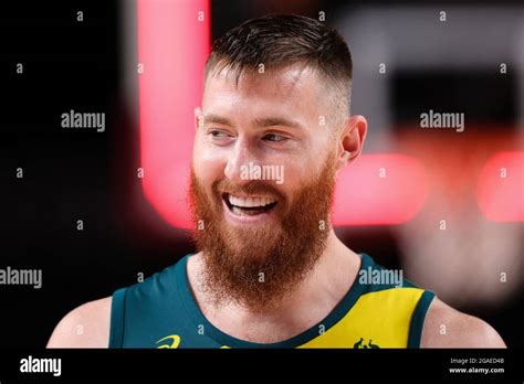 Tokyo, Japan, 25 July, 2021. Aron Baynes of Team Australia happy after ...