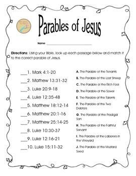 Free Bible Worksheet: Matching Parables of Jesus | Kids church ...