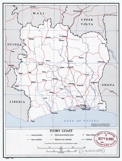 Large scale political and administrative map of Ivory Coast with roads, railroads, cities and ...