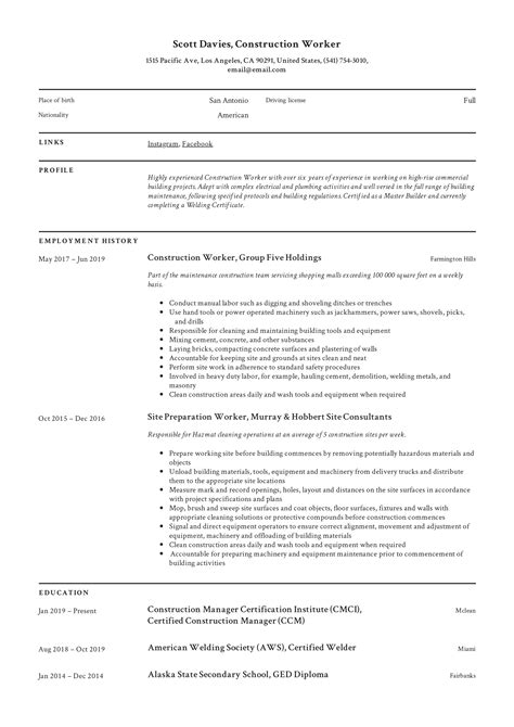 Construction Worker Resume & Writing Guide | +12 Templates | 2019