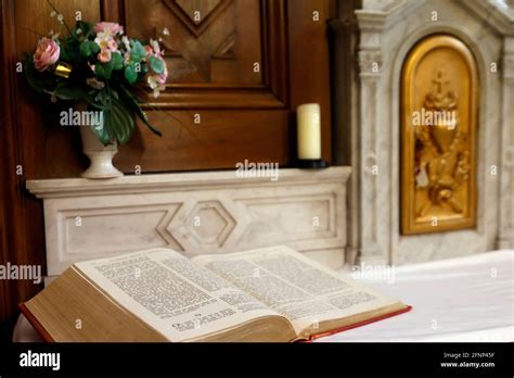 Catholic church. Open bible on altar. Annecy. France Stock Photo - Alamy