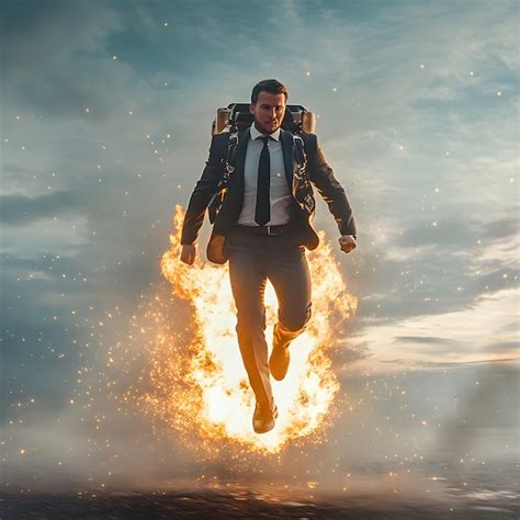 Businessman jumping in the air with a flaming fire in the background ...