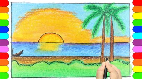 A Scenery, How to Draw A Scenery for kids, Drawing and Coloring Evening Scenery, Beach scenery ...