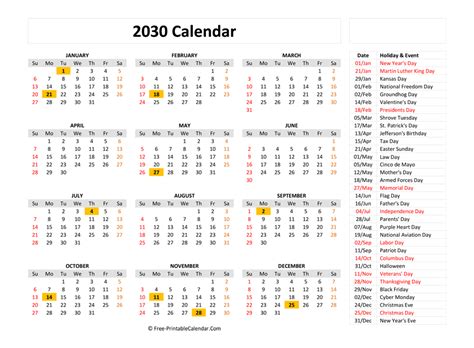 Free Printable Calendar 2030 With Holidays, weeks start on Sunday