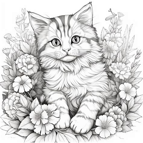 A drawing of a cat sitting in a flower garden with flowers generative ...