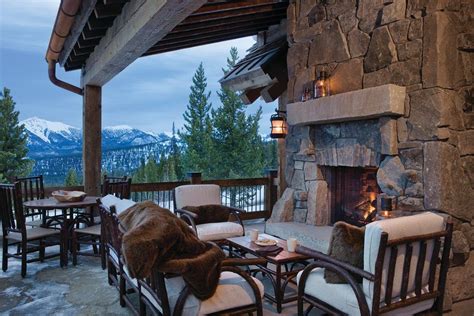 ski lodge fireplace porch rustic with fire pits | Ski lodge exterior ...