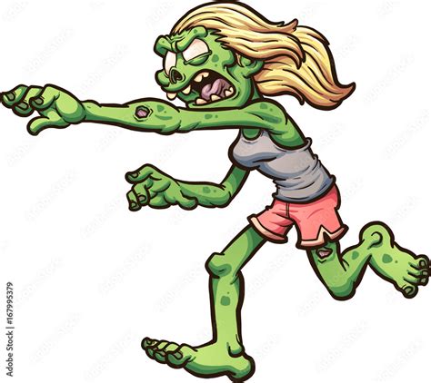 Female cartoon running zombie. Vector clip art illustration with simple gradients. All in a ...