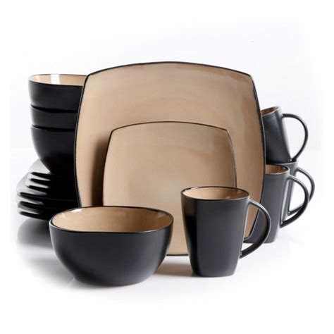 Gibson Home Soho Lounge 16-Piece Black and Taupe Square Stoneware ...