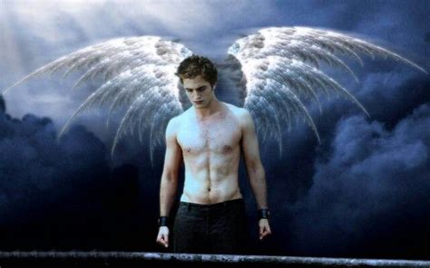 a shirtless man standing in front of an angel with his hands on his hips