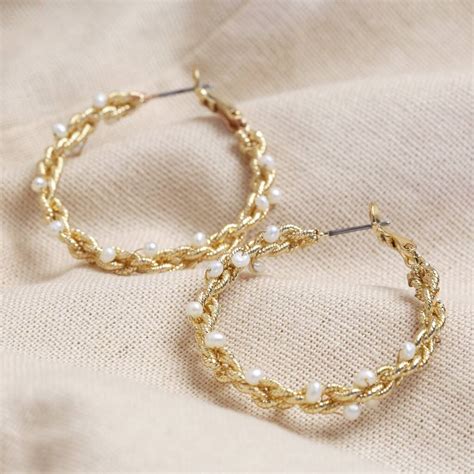 Large Twisted Gold Plated Pearl Hoop Earrings By Lisa Angel