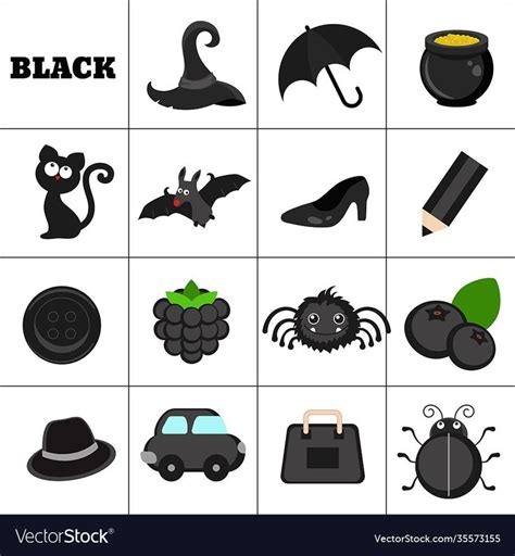 Learn the color. Black objects. Education set. Illustration of primary ...