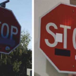 The left image shows a real graffiti on a Stop sign, something that ...