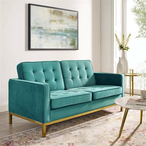 Modern Loveseat In Teal Velvet & Gold Finish - AptDeco