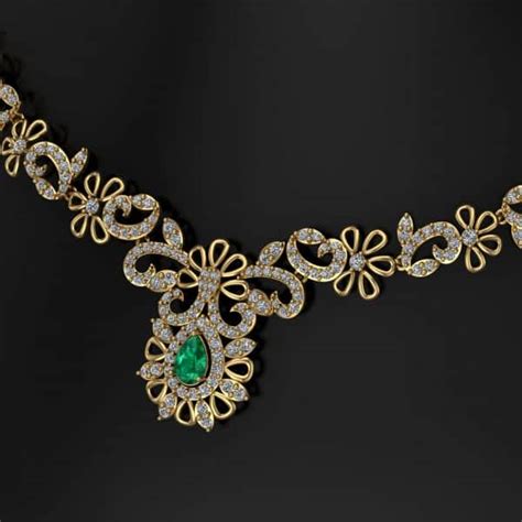 18k Diamond And Emerald Fancy Necklace 22.68g | OM Jewellers