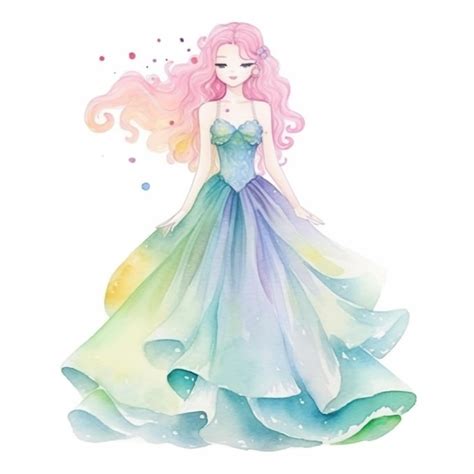 Premium Photo | A watercolor illustration of a girl in a dress with pink hair.