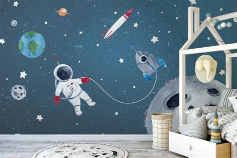 Kids Space Wallpaper Self Adhesive Peel and Stick Astronaut and Meteor Wall Mural Removable ...