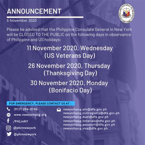 Holiday Announcement, 11, 26 and 30 November 2020 - Philippine ...